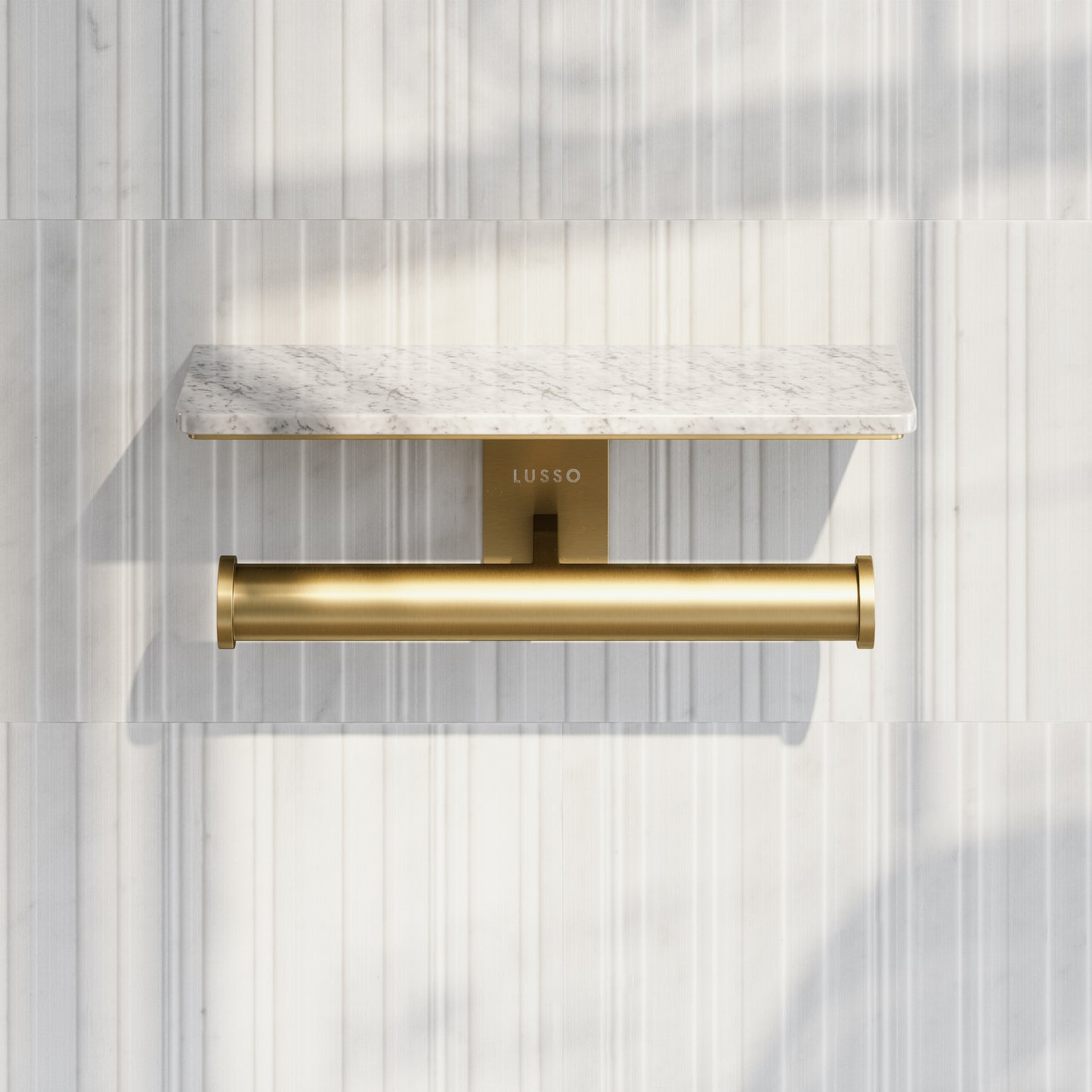 Deka Brushed Gold Double Toilet Roll Holder with Carrara Marble Shelf