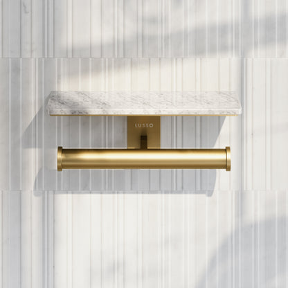 Deka Brushed Gold Double Toilet Roll Holder with Carrara Marble Shelf