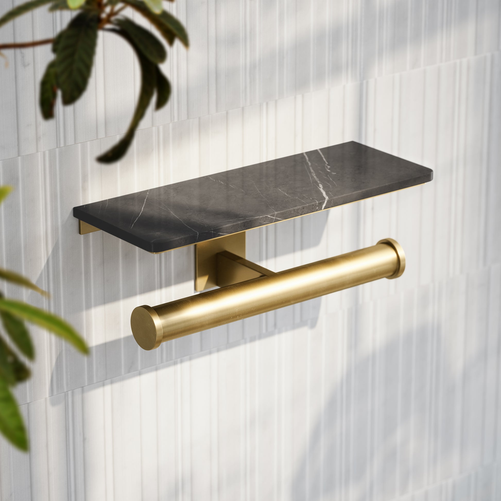 Deka Brushed Gold Double Toilet Roll Holder with Pietra Grey Marble Shelf
