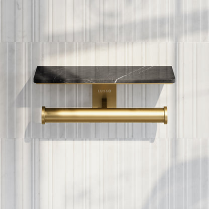 Deka Brushed Gold Double Toilet Roll Holder with Pietra Grey Marble Shelf