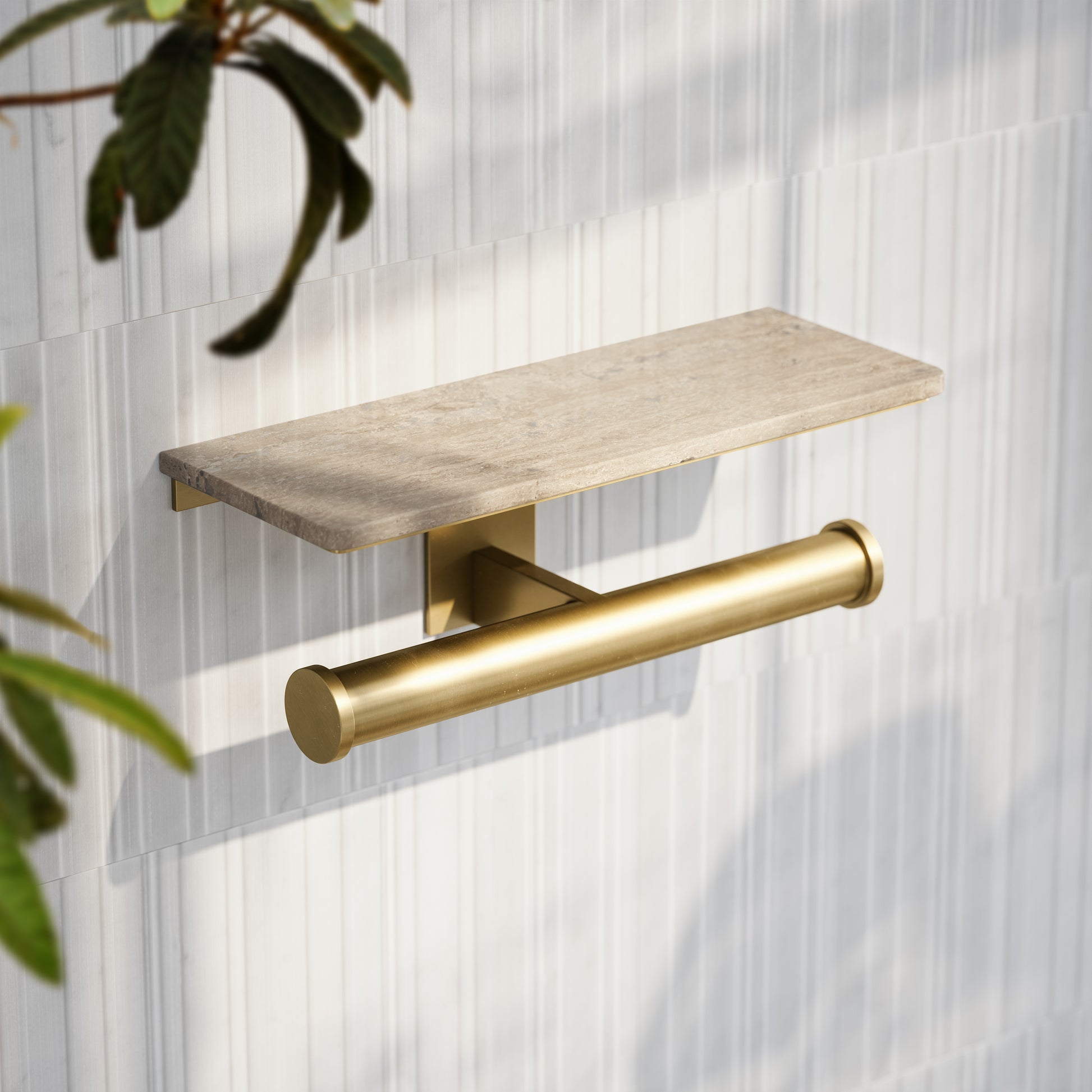 Deka Brushed Gold Double Toilet Roll Holder with Travertine Stone Shelf