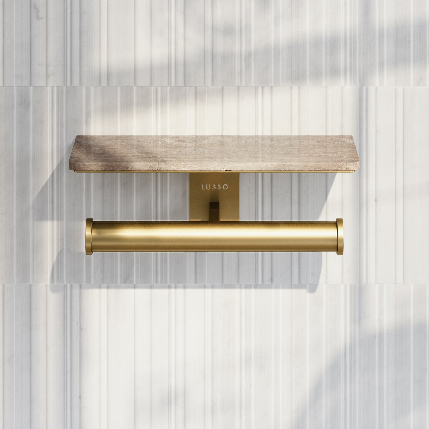 Deka Brushed Gold Double Toilet Roll Holder with Travertine Stone Shelf