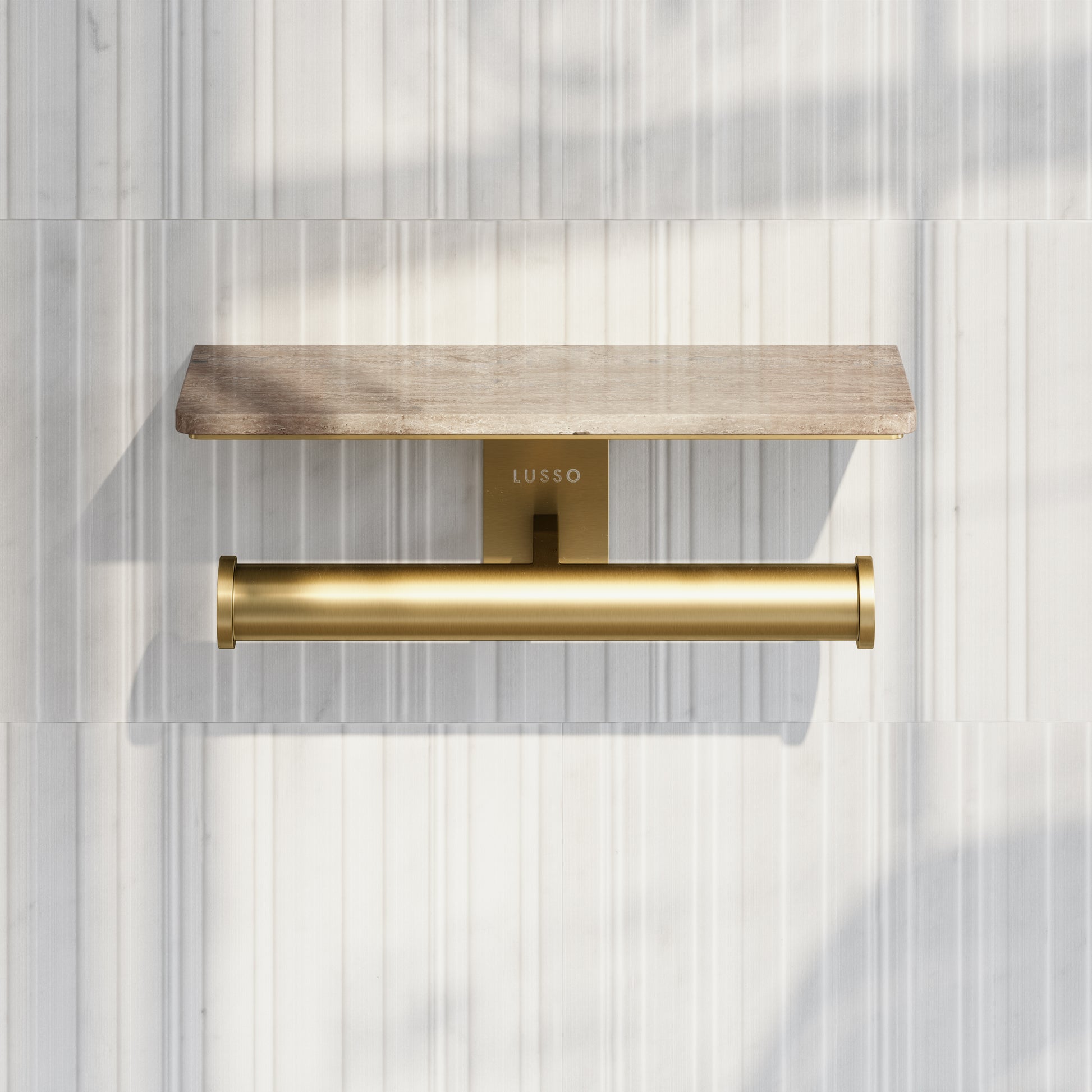 Deka Brushed Gold Double Toilet Roll Holder with Travertine Stone Shelf