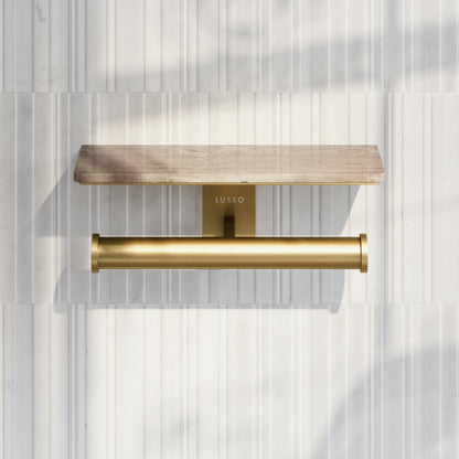 Deka Brushed Gold Double Toilet Roll Holder with Travertine Stone Shelf