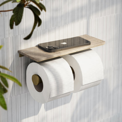 Deka Brushed Gold Double Toilet Roll Holder with Travertine Stone Shelf