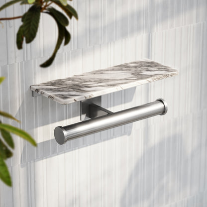 Deka Brushed Stainless Double Toilet Roll Holder with Arabescato Marble Shelf