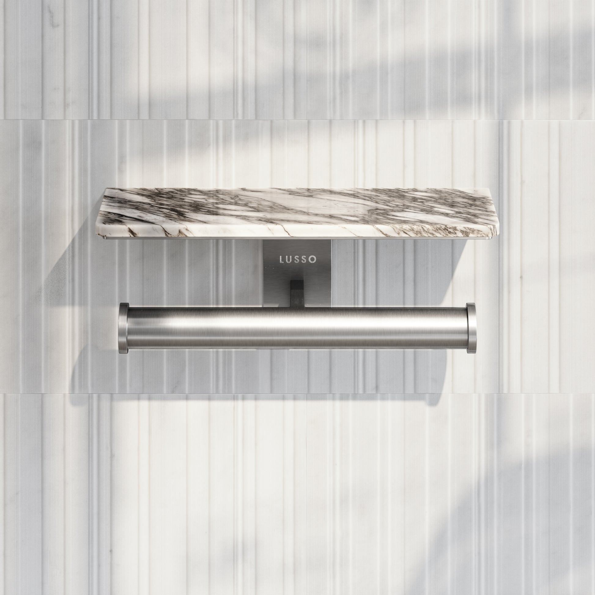 Deka Brushed Stainless Double Toilet Roll Holder with Arabescato Marble Shelf