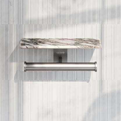 Deka Brushed Stainless Double Toilet Roll Holder with Arabescato Marble Shelf