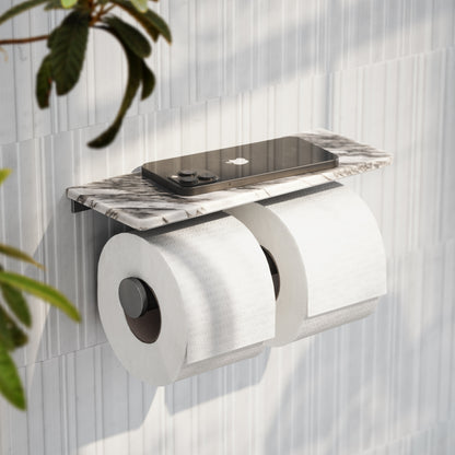 Deka Brushed Stainless Double Toilet Roll Holder with Arabescato Marble Shelf