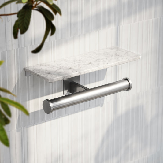 Deka Brushed Stainless Double Toilet Roll Holder with Carrara Marble Shelf
