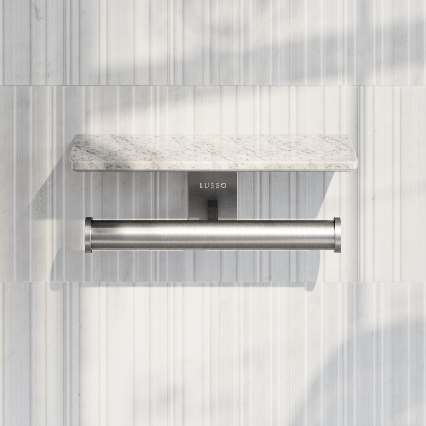 Deka Brushed Stainless Double Toilet Roll Holder with Carrara Marble Shelf