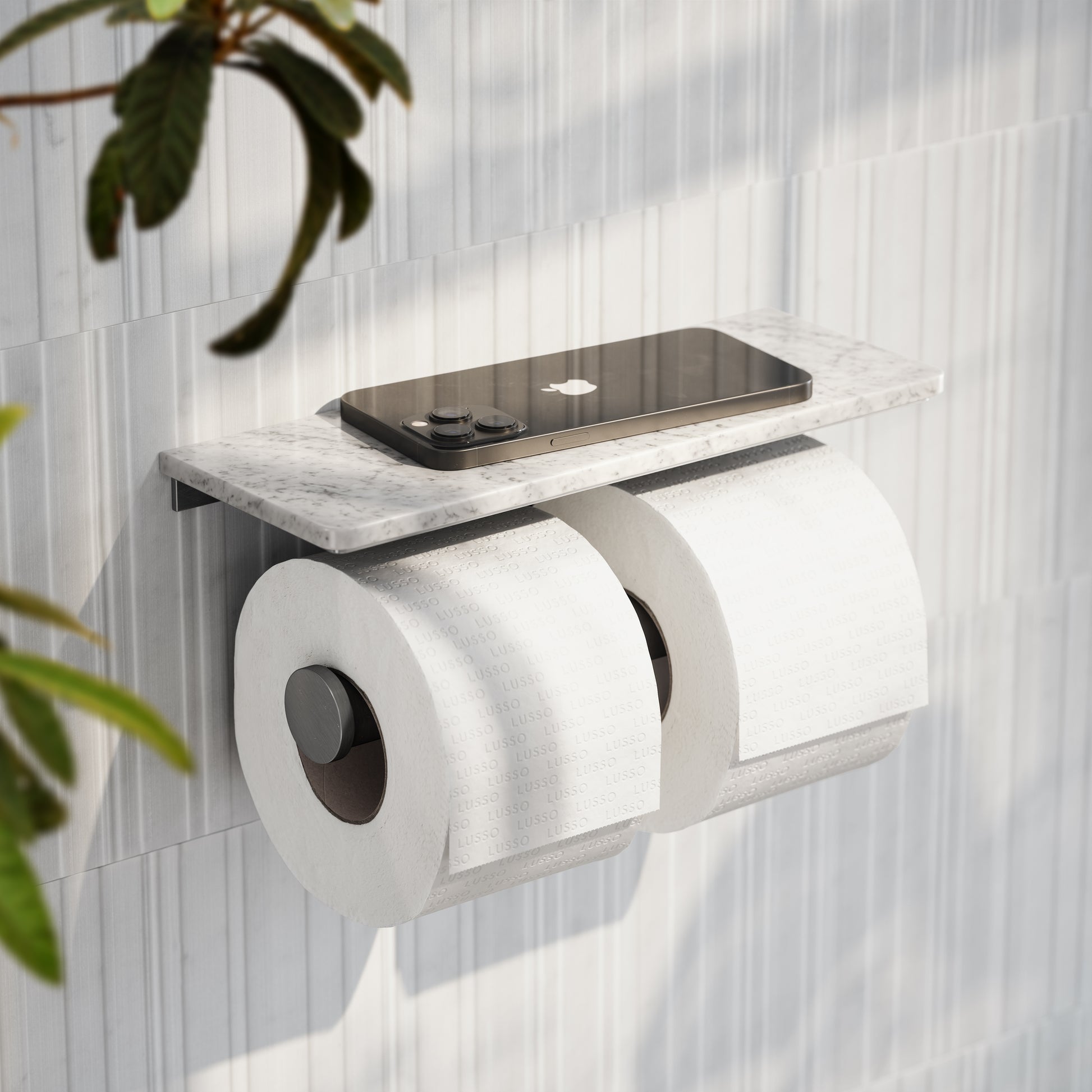 Deka Brushed Stainless Double Toilet Roll Holder with Carrara Marble Shelf