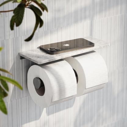 Deka Brushed Stainless Double Toilet Roll Holder with Carrara Marble Shelf