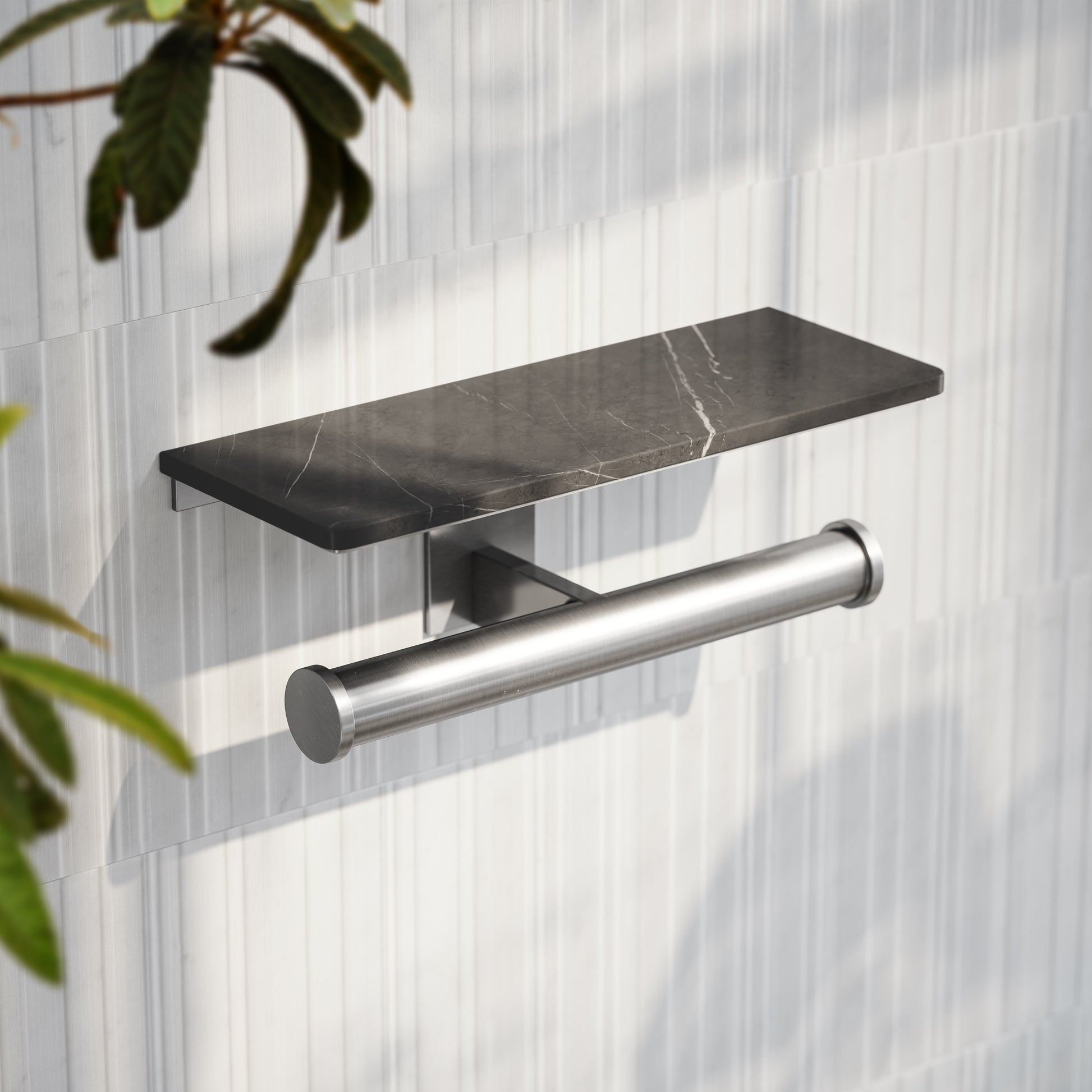 Deka Brushed Stainless Double Toilet Roll Holder with Pietra Grey Marble Shelf