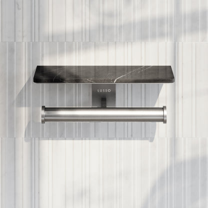 Deka Brushed Stainless Double Toilet Roll Holder with Pietra Grey Marble Shelf