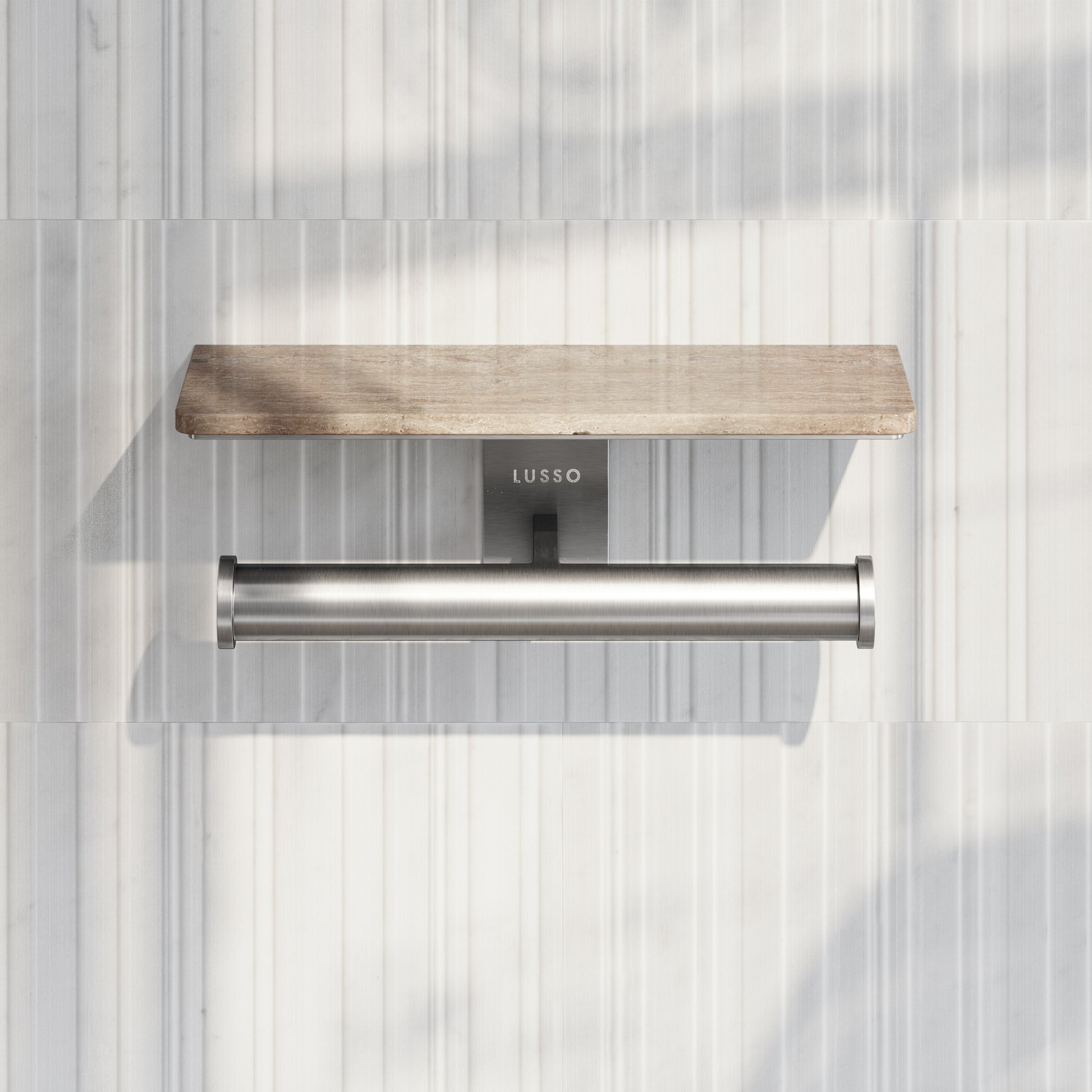 Deka Brushed Stainless Double Toilet Roll Holder with Travertine Stone Shelf