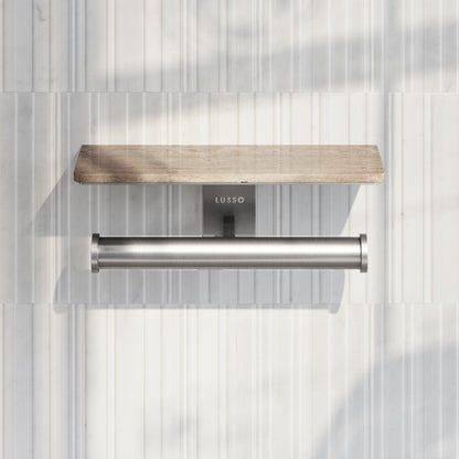 Deka Brushed Stainless Double Toilet Roll Holder with Travertine Stone Shelf