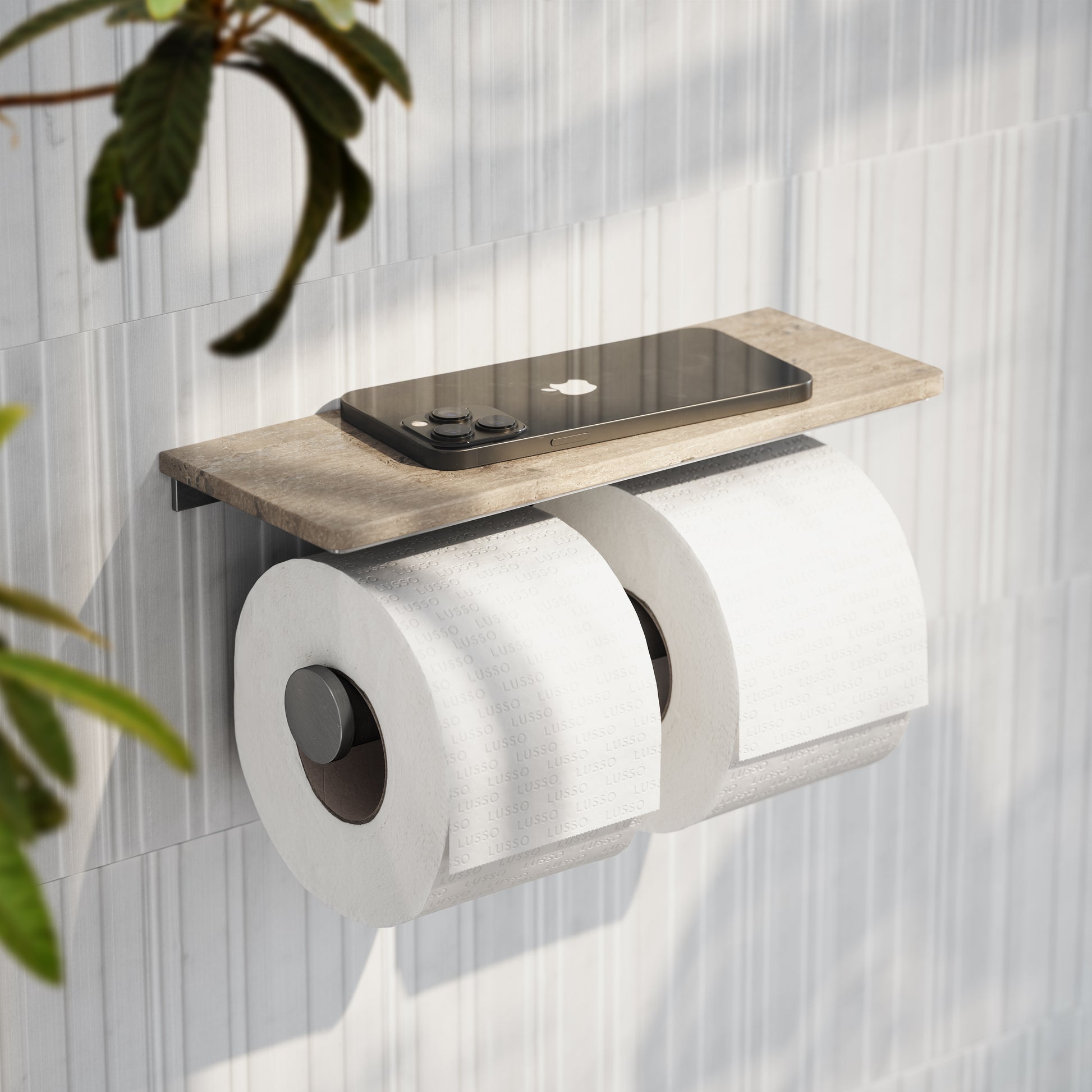 Deka Brushed Stainless Double Toilet Roll Holder with Travertine Stone Shelf