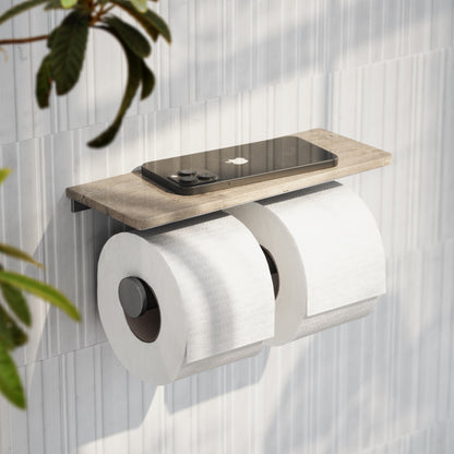 Deka Brushed Stainless Double Toilet Roll Holder with Travertine Stone Shelf
