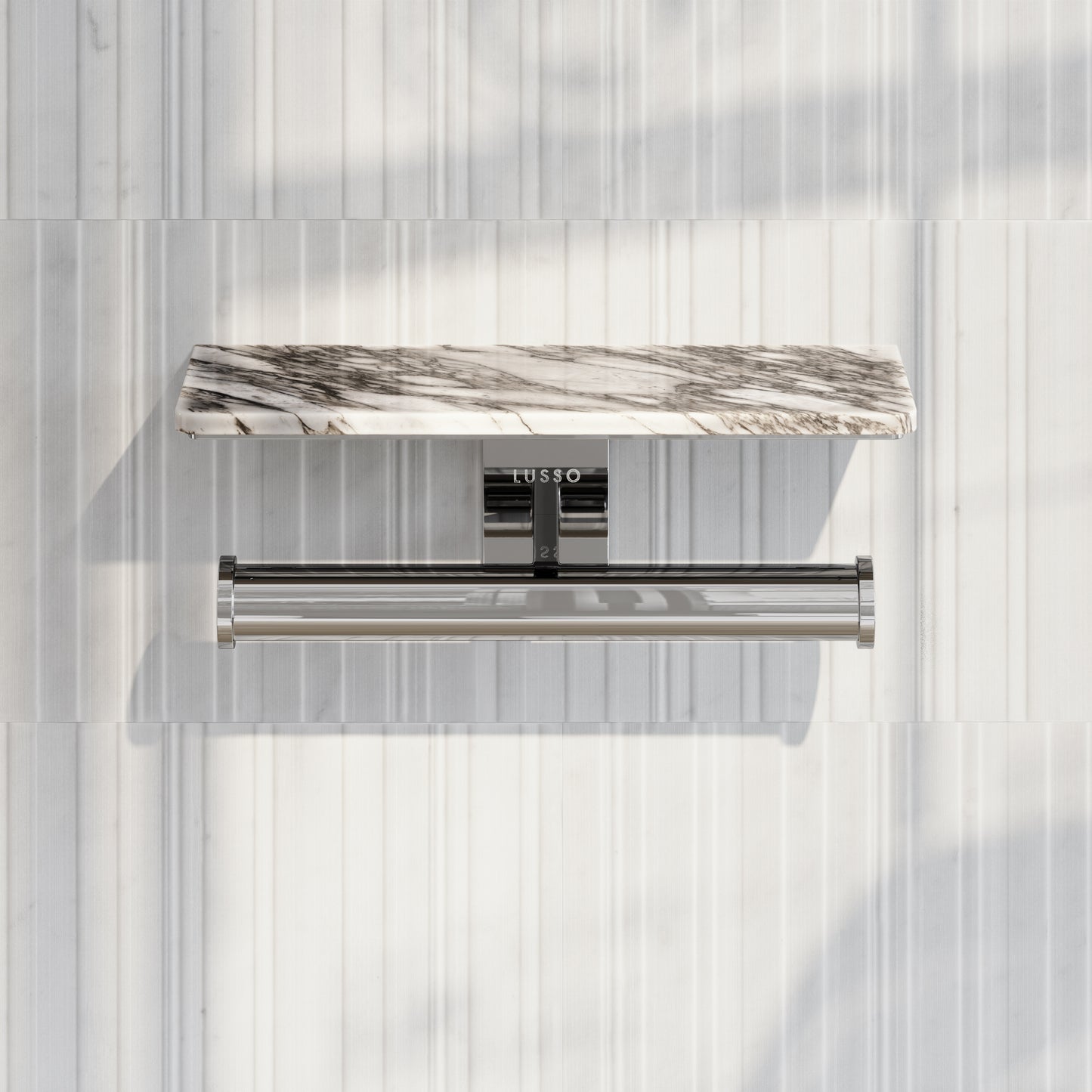 Deka Chrome Double Toilet Roll Holder with Arabescato Marble Shelf