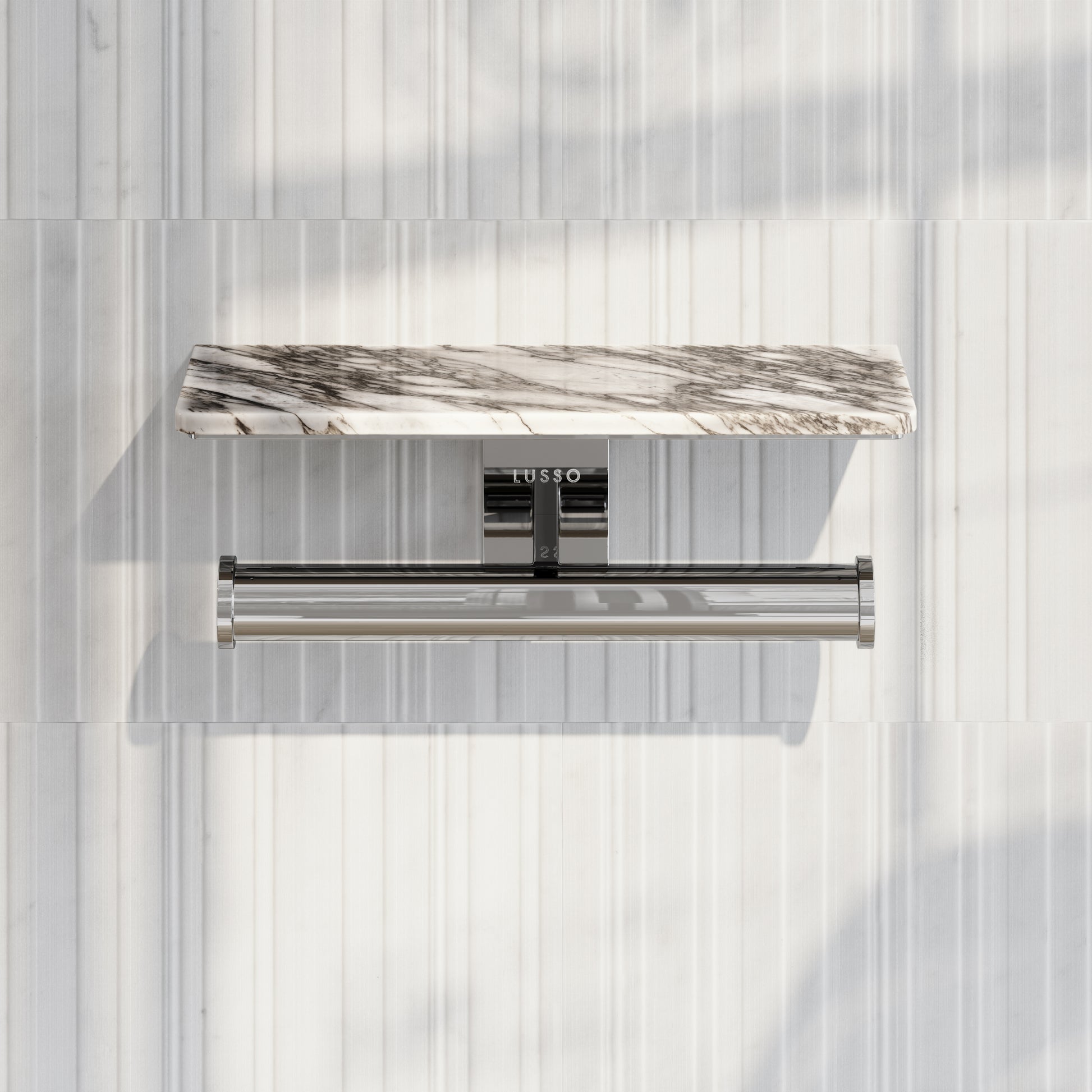 Deka Chrome Double Toilet Roll Holder with Arabescato Marble Shelf