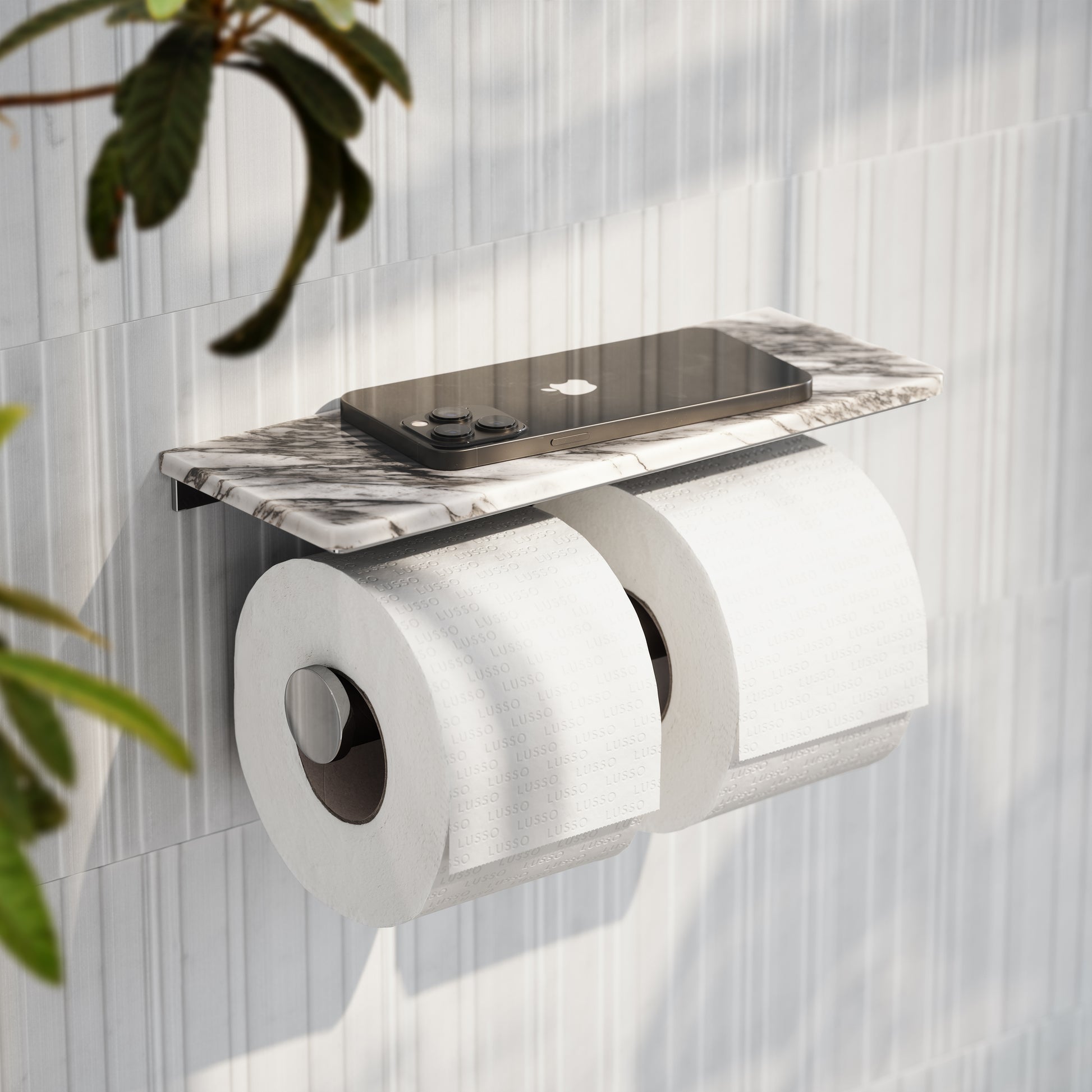 Deka Chrome Double Toilet Roll Holder with Arabescato Marble Shelf