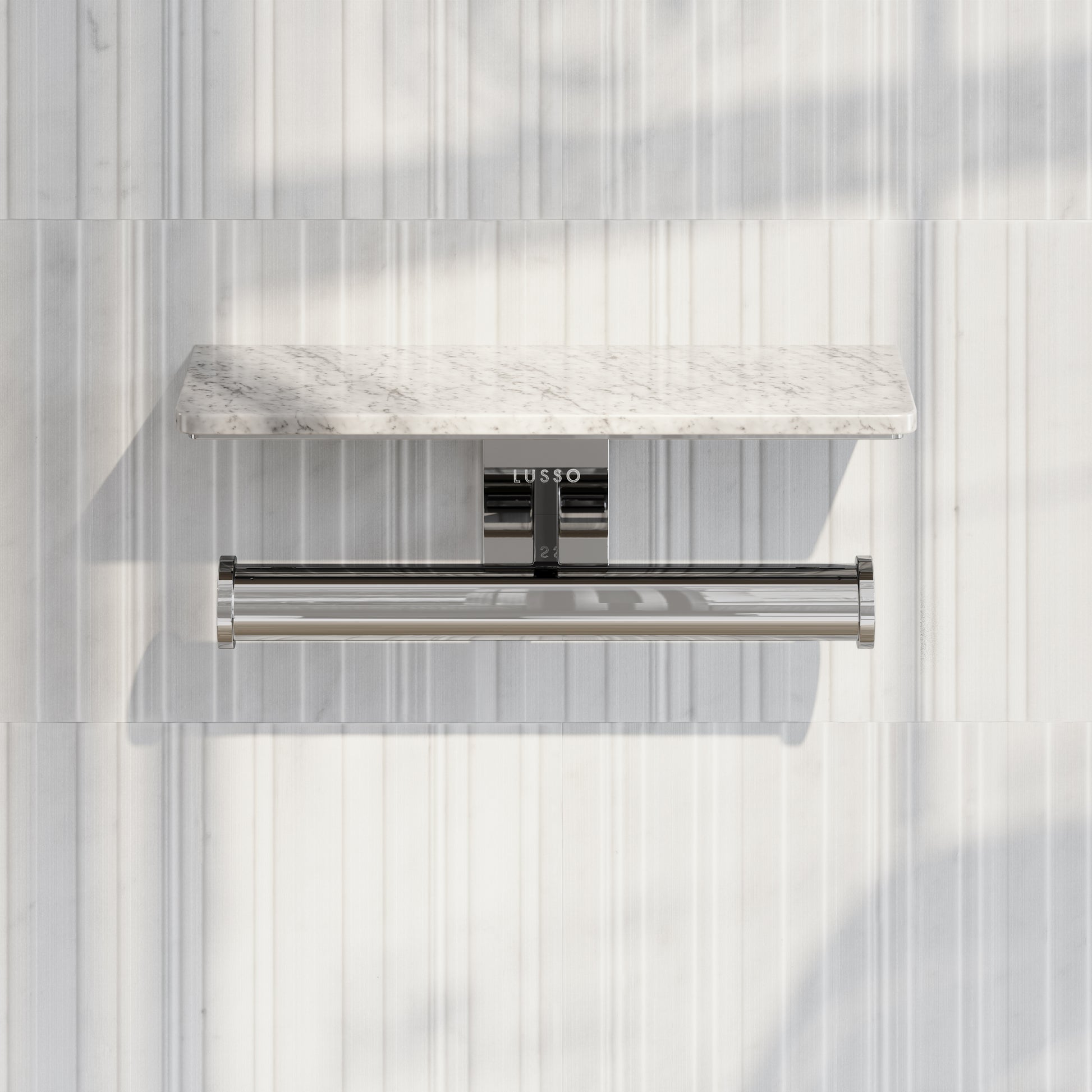 Deka Chrome Double Toilet Roll Holder with Carrara Marble Shelf