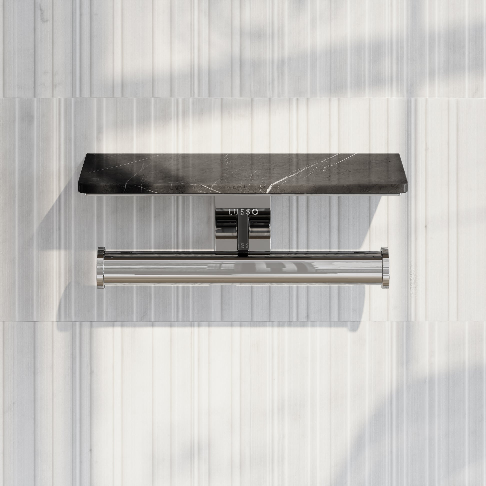 Deka Chrome Double Toilet Roll Holder with Pietra Grey Marble Shelf
