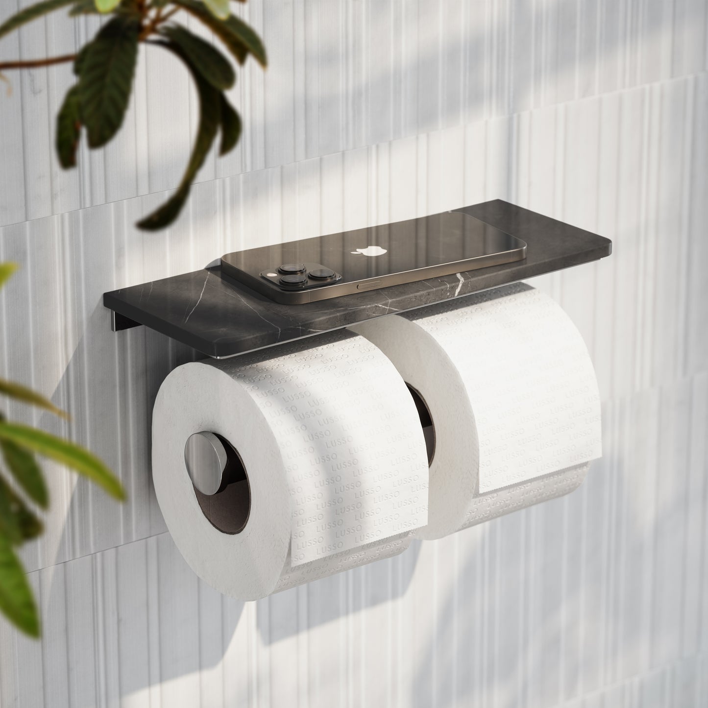 Deka Chrome Double Toilet Roll Holder with Pietra Grey Marble Shelf