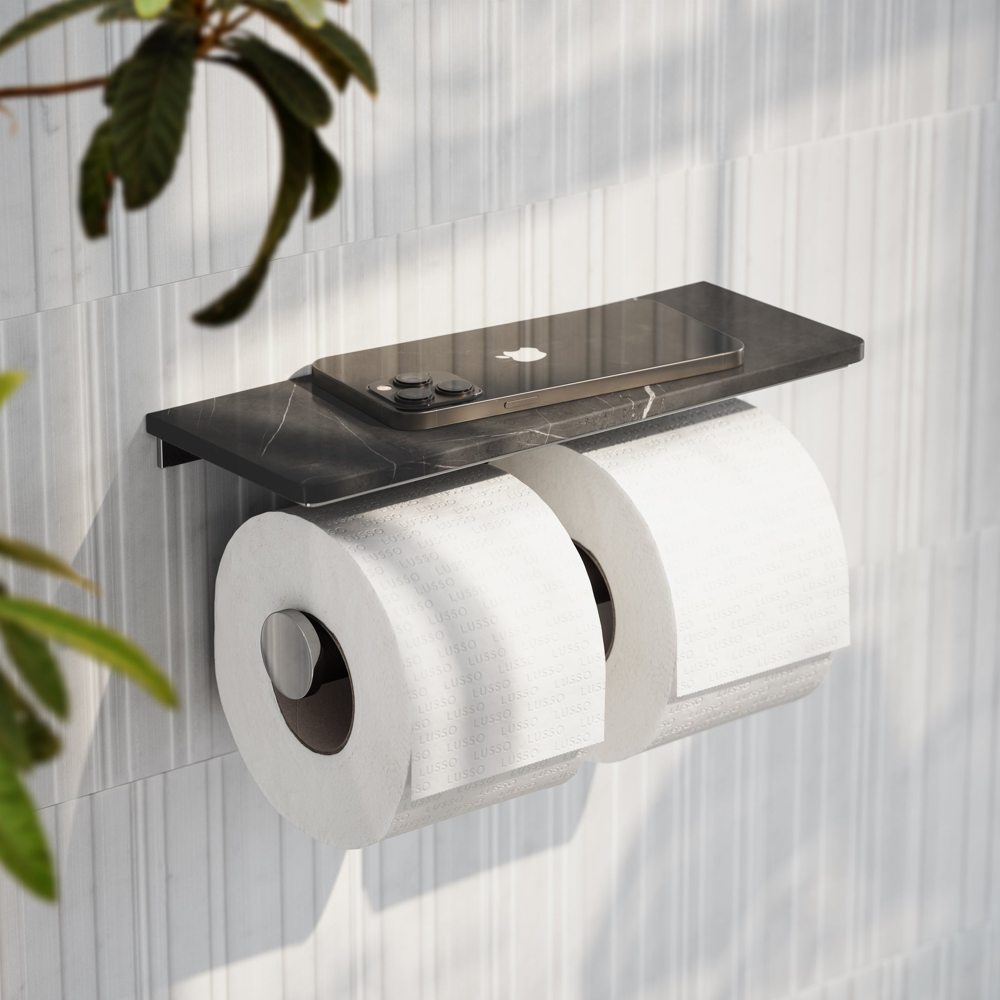 Deka Chrome Double Toilet Roll Holder with Pietra Grey Marble Shelf