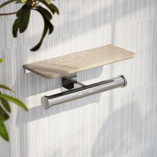 Deka Chrome Double Toilet Roll Holder with Travertine Stone Shelf