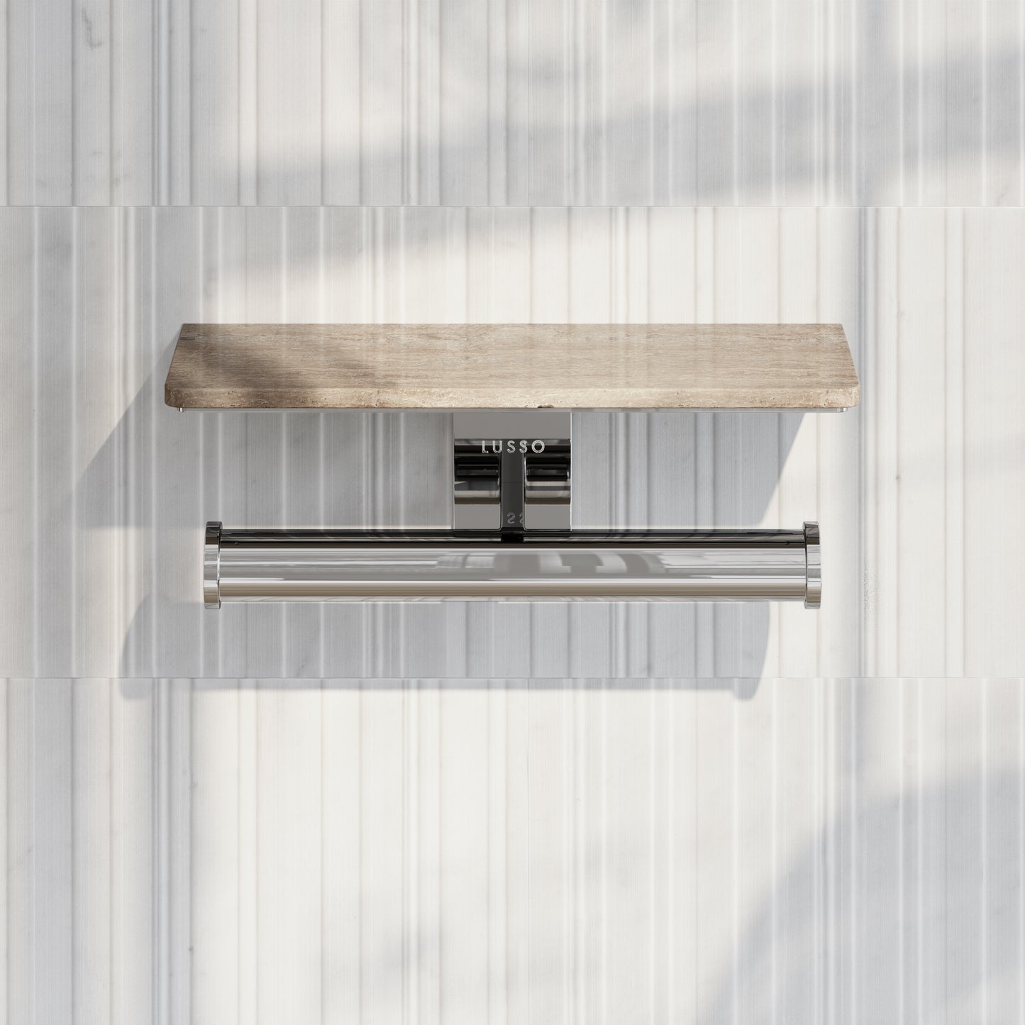 Deka Chrome Double Toilet Roll Holder with Travertine Stone Shelf