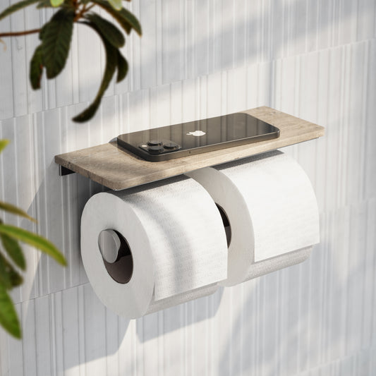 Deka Chrome Double Toilet Roll Holder with Travertine Stone Shelf