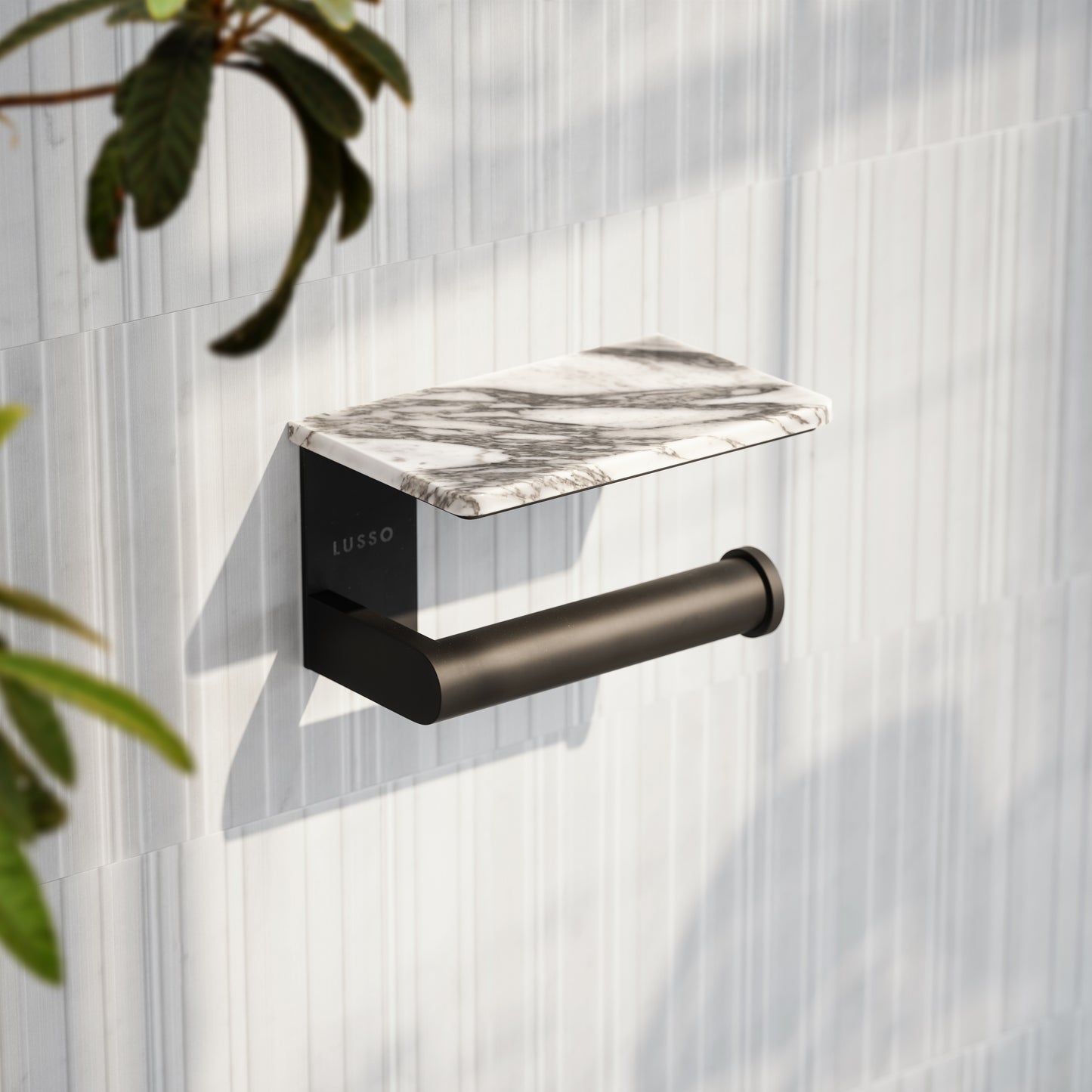Deka Matte Black Toilet Roll Holder with Arabescato Marble Shelf