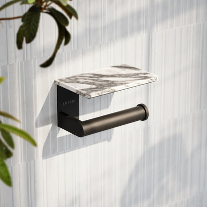 Deka Matte Black Toilet Roll Holder with Arabescato Marble Shelf