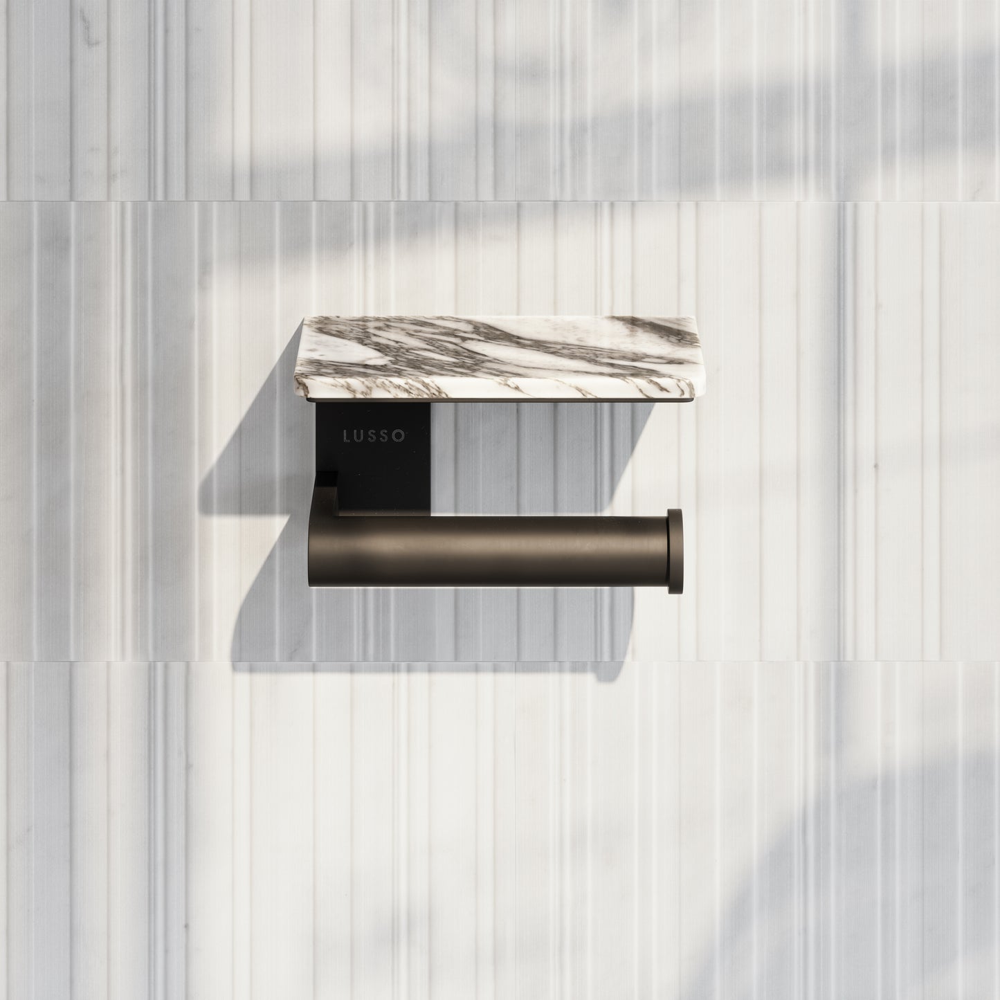 Deka Matte Black Toilet Roll Holder with Arabescato Marble Shelf