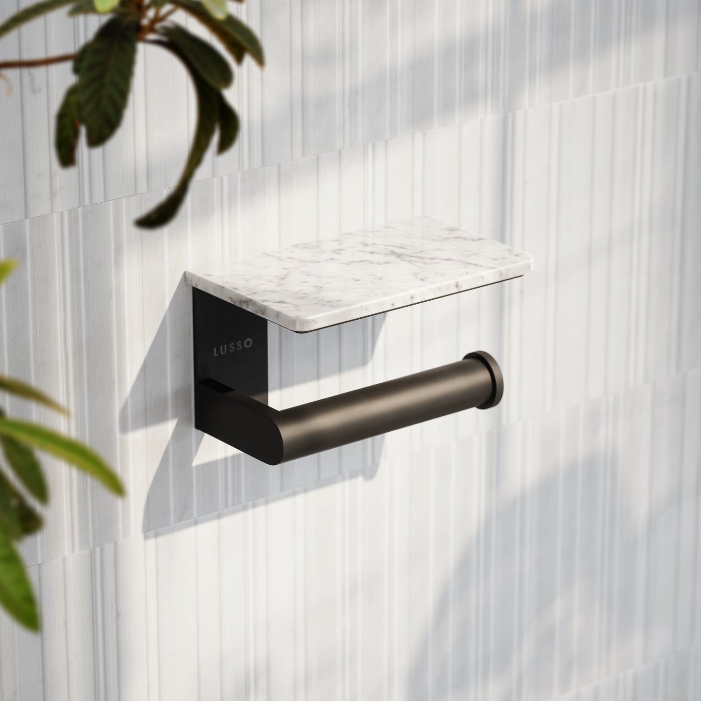 Deka Matte Black Toilet Roll Holder with Carrara Marble Shelf