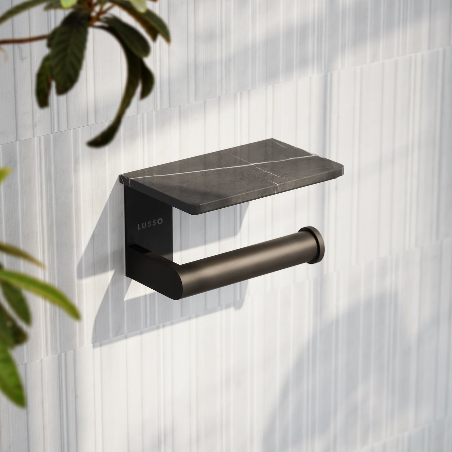 Deka Matte Black Toilet Roll Holder with Pietra Grey Marble Shelf