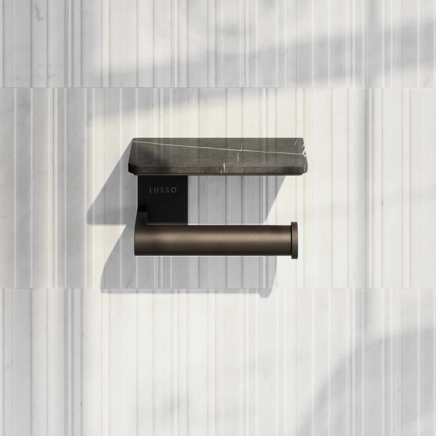 Deka Matte Black Toilet Roll Holder with Pietra Grey Marble Shelf