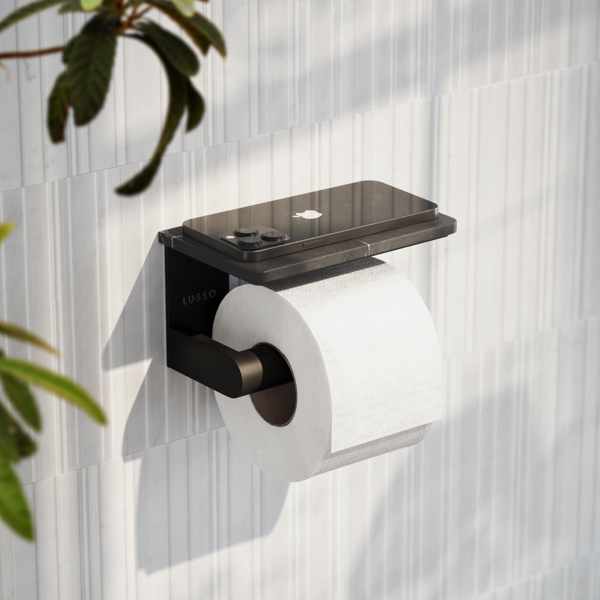 Deka Matte Black Toilet Roll Holder with Pietra Grey Marble Shelf