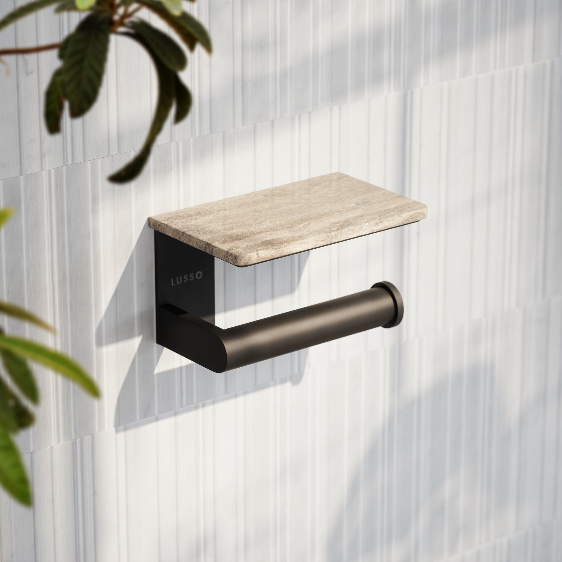 Deka Matte Black Toilet Roll Holder with Travertine Stone Shelf