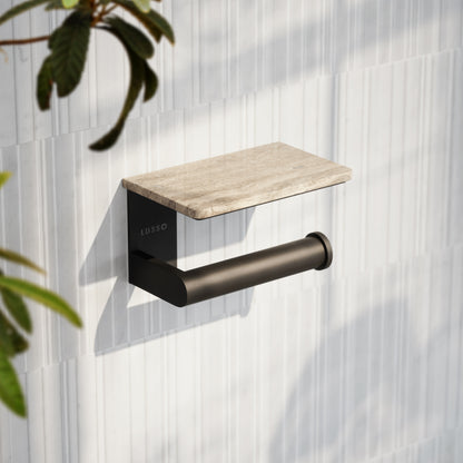 Deka Matte Black Toilet Roll Holder with Travertine Stone Shelf