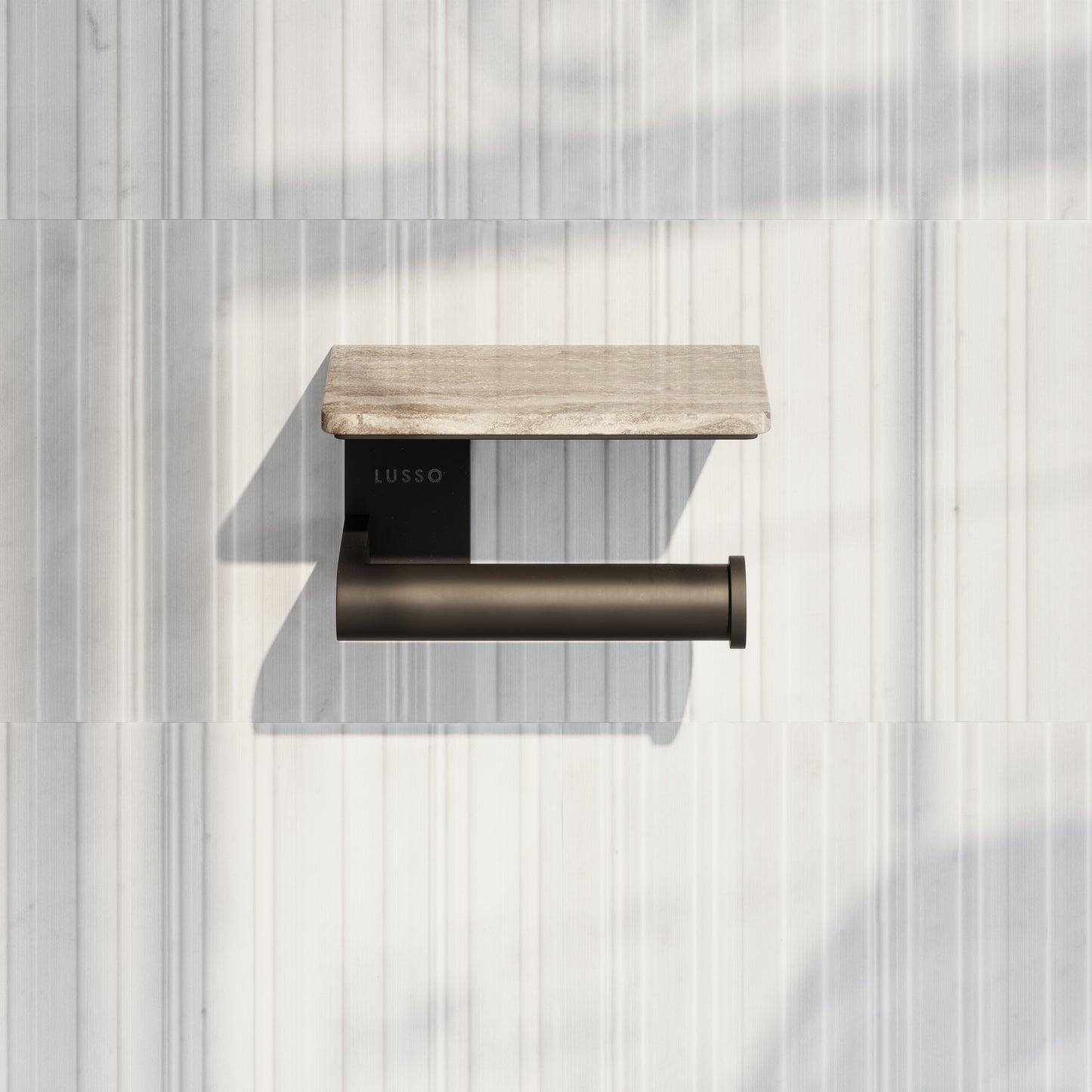 Deka Matte Black Toilet Roll Holder with Travertine Stone Shelf