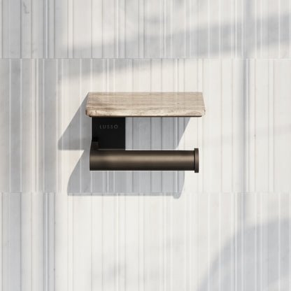 Deka Matte Black Toilet Roll Holder with Travertine Stone Shelf