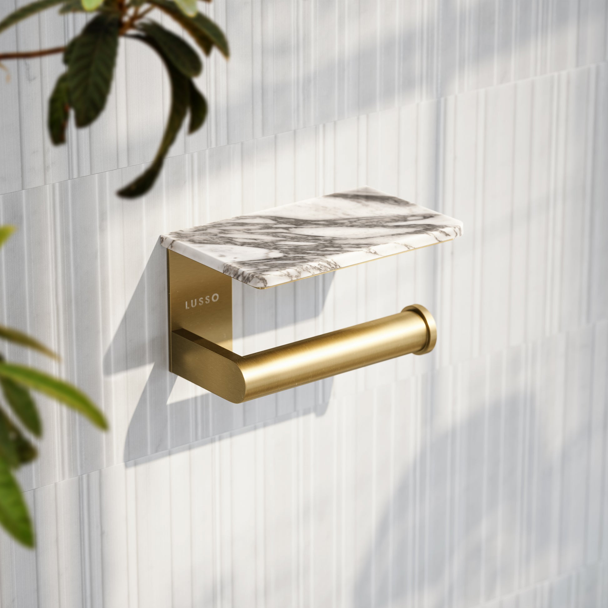 Deka Brushed Gold Toilet Roll Holder with Arabescato Marble Shelf