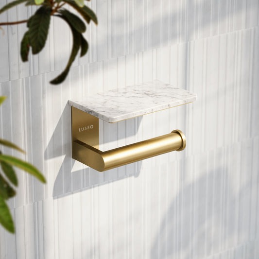 Deka Brushed Gold Toilet Roll Holder with Carrara Marble Shelf