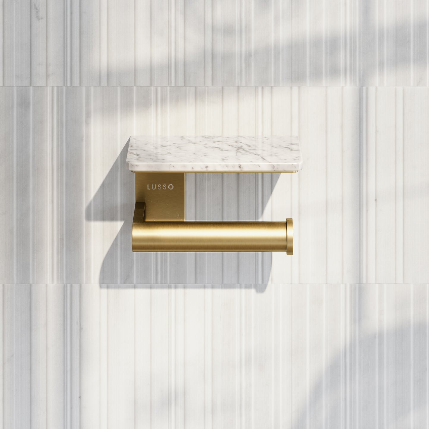 Deka Brushed Gold Toilet Roll Holder with Carrara Marble Shelf