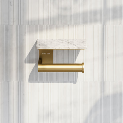 Deka Brushed Gold Toilet Roll Holder with Carrara Marble Shelf