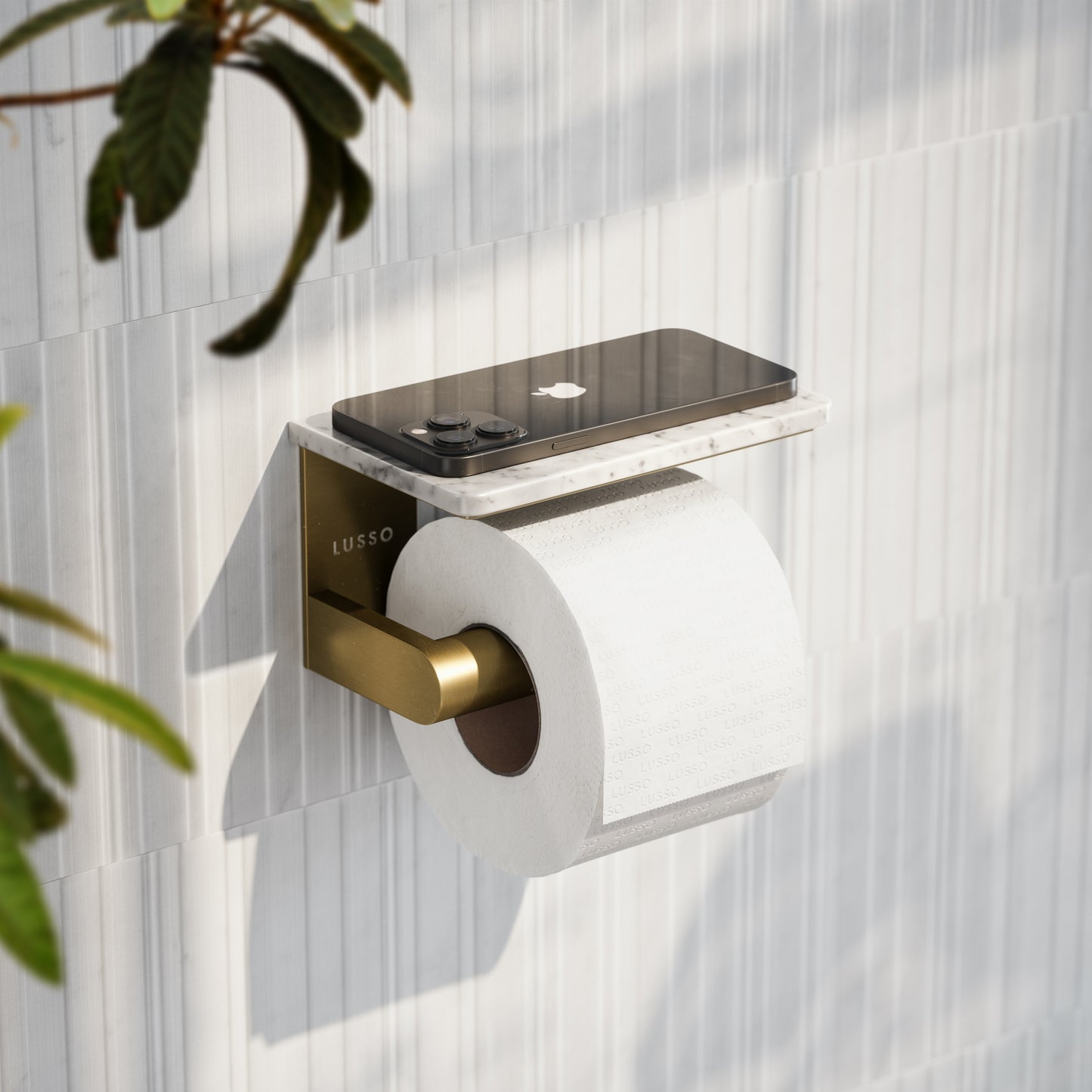 Deka Brushed Gold Toilet Roll Holder with Carrara Marble Shelf