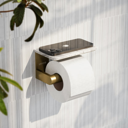 Deka Brushed Gold Toilet Roll Holder with Carrara Marble Shelf